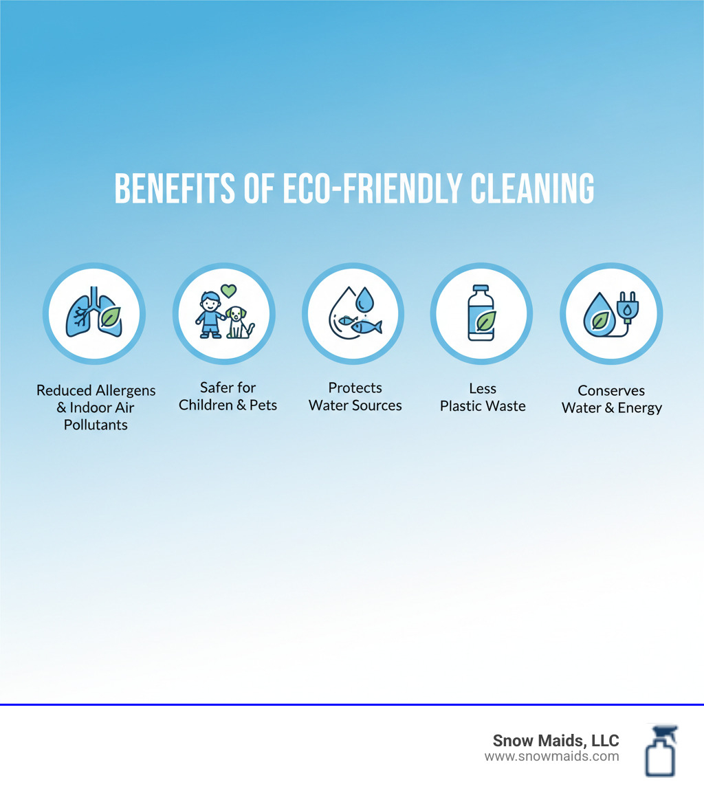 Infographic showing the benefits of eco-friendly cleaning: reduced allergens and indoor air pollutants, safer for children and pets, biodegradable products that protect water sources, less plastic waste from reusable containers, and energy-efficient methods that conserve water - best eco friendly cleaning company in colorado springs, co infographic Infographic showing the benefits of eco-friendly cleaning: reduced allergens and indoor air pollutants, safer for children and pets, biodegradable products that protect water sources, less plastic waste from reusable containers, and energy-efficient methods that conserve water - best eco friendly cleaning company in colorado springs, co infographic