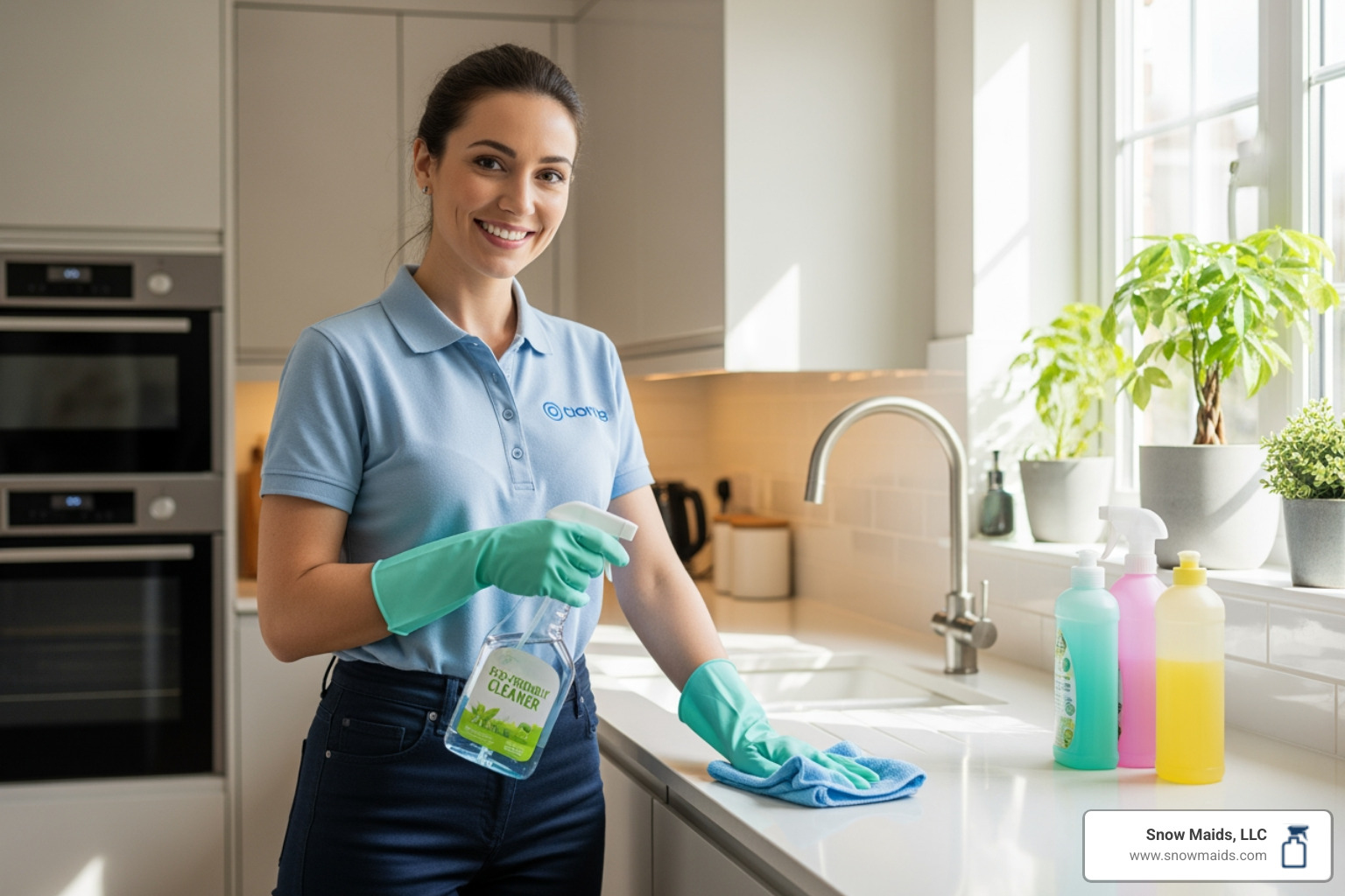 Professional cleaner smiling while cleaning a kitchen with eco-friendly products - best eco friendly cleaning company in colorado springs, co Professional cleaner smiling while cleaning a kitchen with eco-friendly products - best eco friendly cleaning company in colorado springs, co