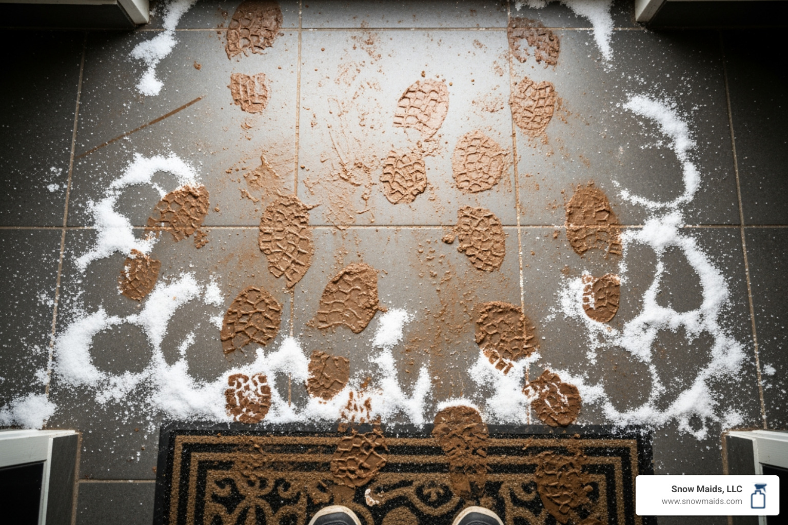 dirty entryway floor with muddy footprints and salt stains - eco-friendly move out cleaning in lakewood, co dirty entryway floor with muddy footprints and salt stains - eco-friendly move out cleaning in lakewood, co