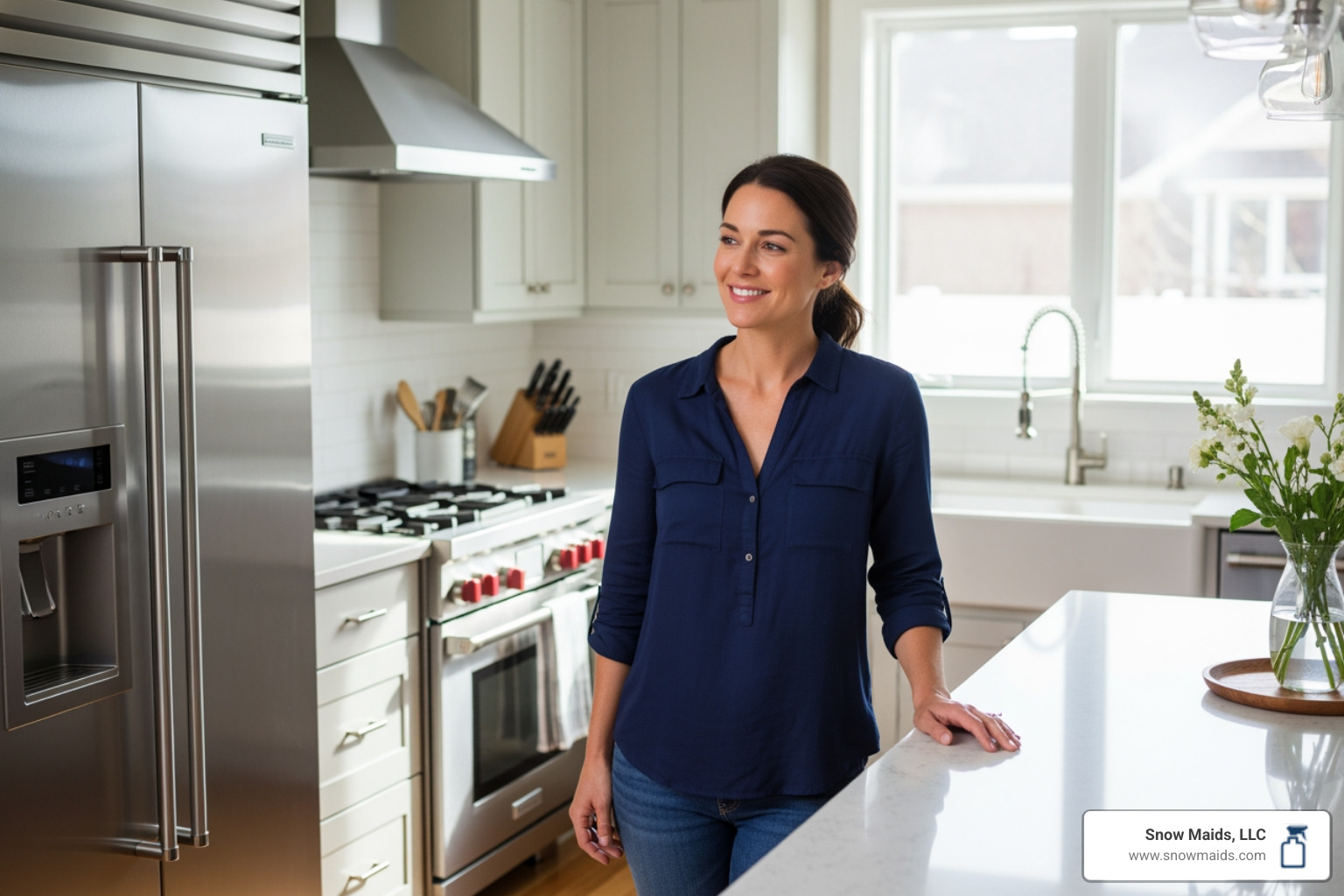 satisfied homeowner in clean kitchen - deep maid service for kitchens in golden, co satisfied homeowner in clean kitchen - deep maid service for kitchens in golden, co