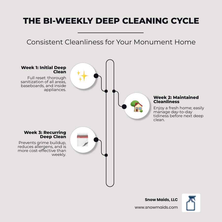 infographic showing the timeline and benefits of bi-weekly deep cleaning: Week 1 shows initial deep clean covering all areas including baseboards, appliances, and detailed sanitization; Week 2 shows maintenance level dirt that is easily managed; Week 3 shows second deep clean preventing any buildup; comparison chart showing bi-weekly prevents grime accumulation better than monthly while being more cost-effective than weekly service; benefits listed include consistent cleanliness, reduced allergens, more free time, and healthier home environment - bi-weekly deep cleaning in monument, co infographic infographic-line-3-steps-elegant_beige infographic showing the timeline and benefits of bi-weekly deep cleaning: Week 1 shows initial deep clean covering all areas including baseboards, appliances, and detailed sanitization; Week 2 shows maintenance level dirt that is easily managed; Week 3 shows second deep clean preventing any buildup; comparison chart showing bi-weekly prevents grime accumulation better than monthly while being more cost-effective than weekly service; benefits listed include consistent cleanliness, reduced allergens, more free time, and healthier home environment - bi-weekly deep cleaning in monument, co infographic infographic-line-3-steps-elegant_beige