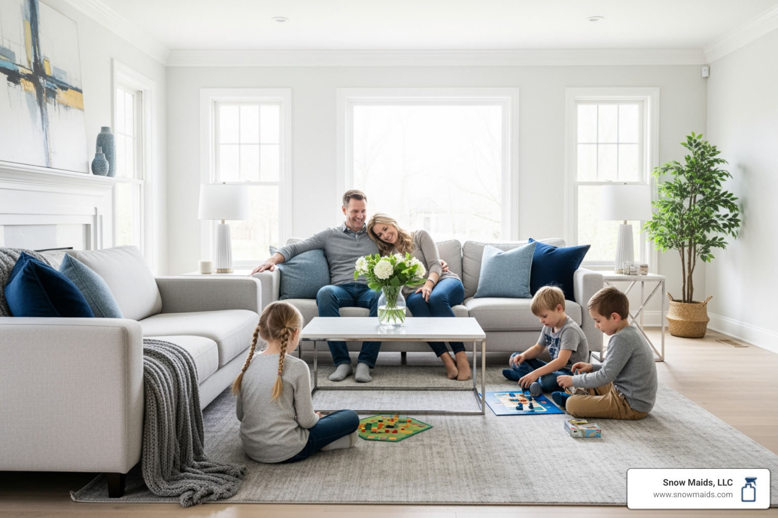 Happy family relaxing in their sparkling clean, newly renovated home - deep cleaning after renovation in monument, co Happy family relaxing in their sparkling clean, newly renovated home - deep cleaning after renovation in monument, co