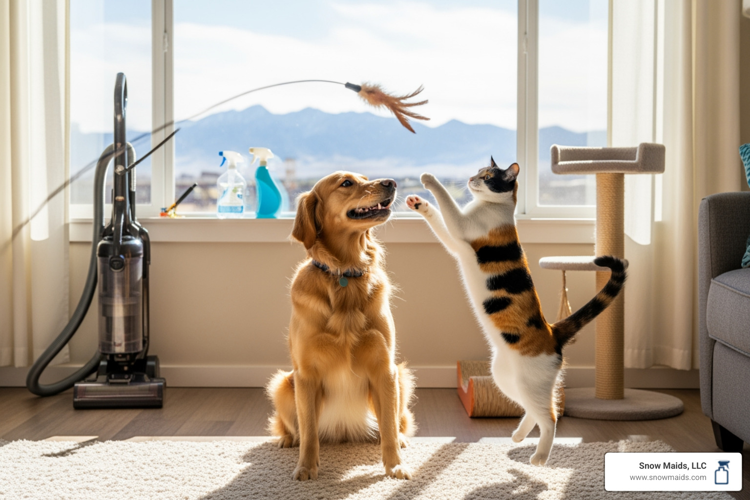 common household cleaners with a warning symbol over them - pet-friendly regular cleaning in lakewood, co