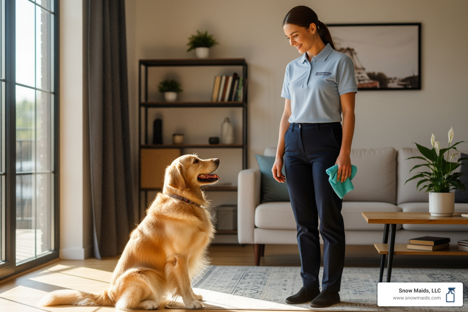 professional cleaner smiling at a pet from a respectful distance - pet-friendly regular cleaning in lakewood, co