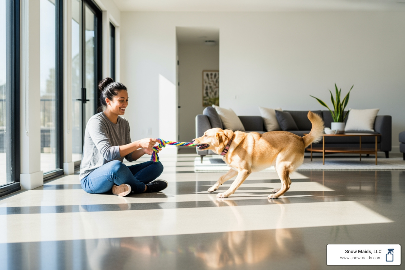 pet owner playing with their dog on a sparkling clean floor - pet-friendly regular cleaning in lakewood, co