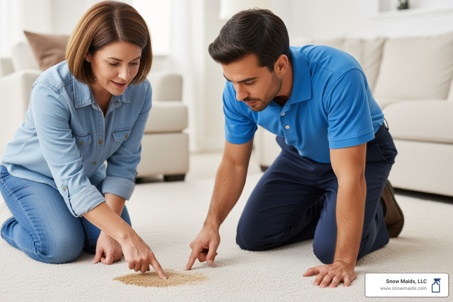 person pointing out a pet stain on the carpet to a professional cleaner - pet-friendly move out cleaning in colorado springs, co