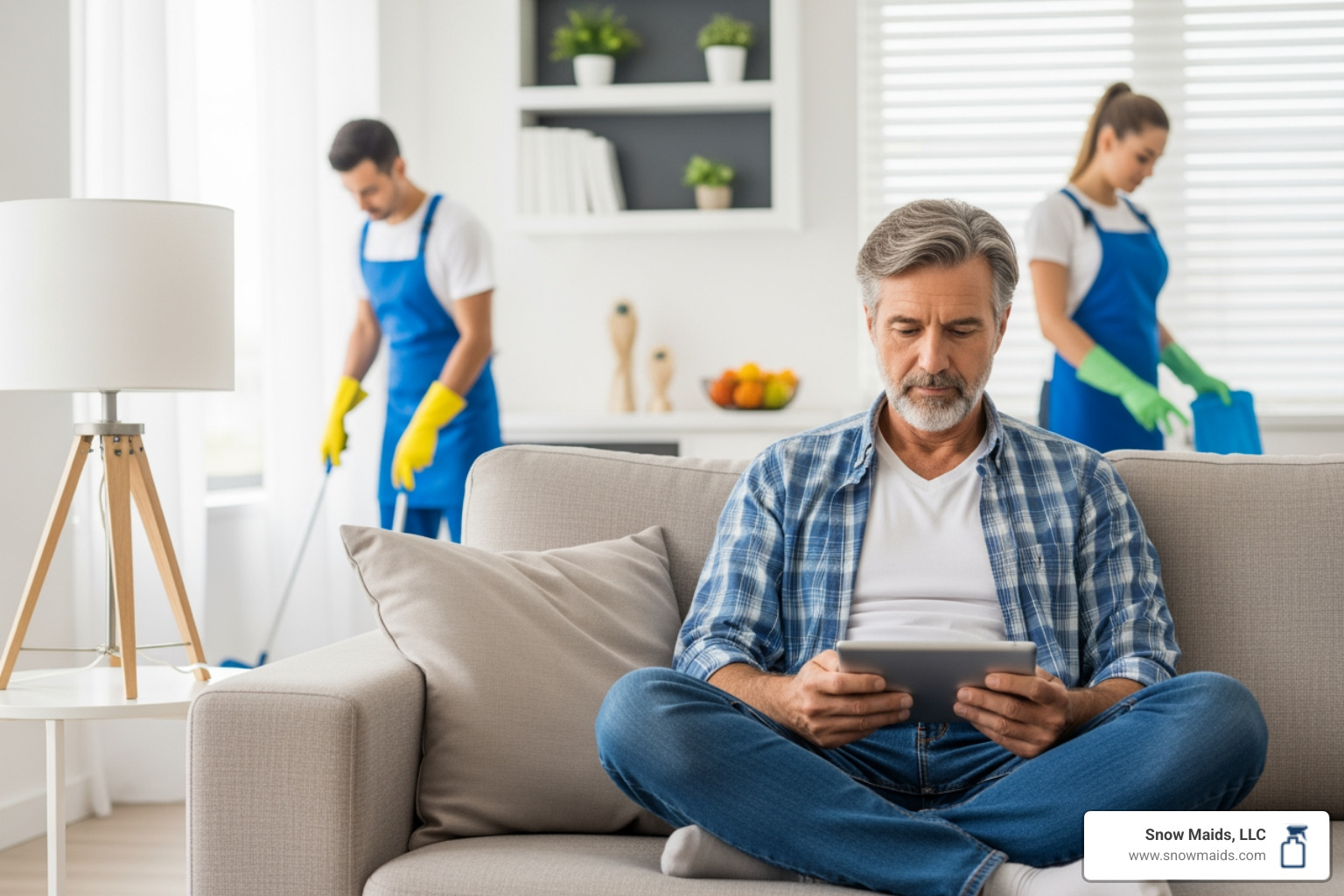 homeowner looking relaxed on a couch while a professional cleaning service works in the background - pet-friendly move out cleaning in colorado springs, co