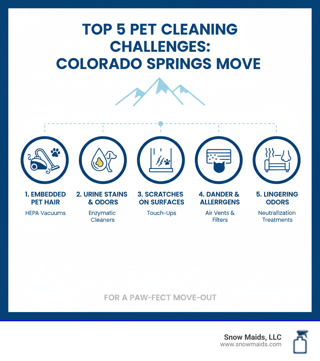 Infographic showing the top 5 pet-related cleaning challenges during a move in Colorado Springs: 1) Pet hair embedded in carpets and upholstery requiring HEPA vacuums, 2) Urine stains and odors needing enzymatic cleaners, 3) Scratches on baseboards and doors requiring touch-ups, 4) Dander and allergens in air vents and filters, 5) Lingering pet odors in fabrics and walls requiring specialized neutralization treatments - pet-friendly move out cleaning in colorado springs, co infographic 