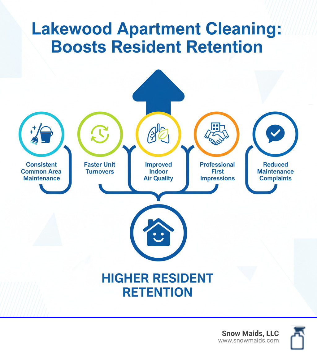 Infographic showing how professional commercial cleaning for apartments in Lakewood, CO improves resident retention rates through consistent common area maintenance, faster unit turnovers, improved indoor air quality, professional first impressions for prospective tenants, and reduced maintenance complaints - commercial cleaning for apartments in lakewood, co infographic 