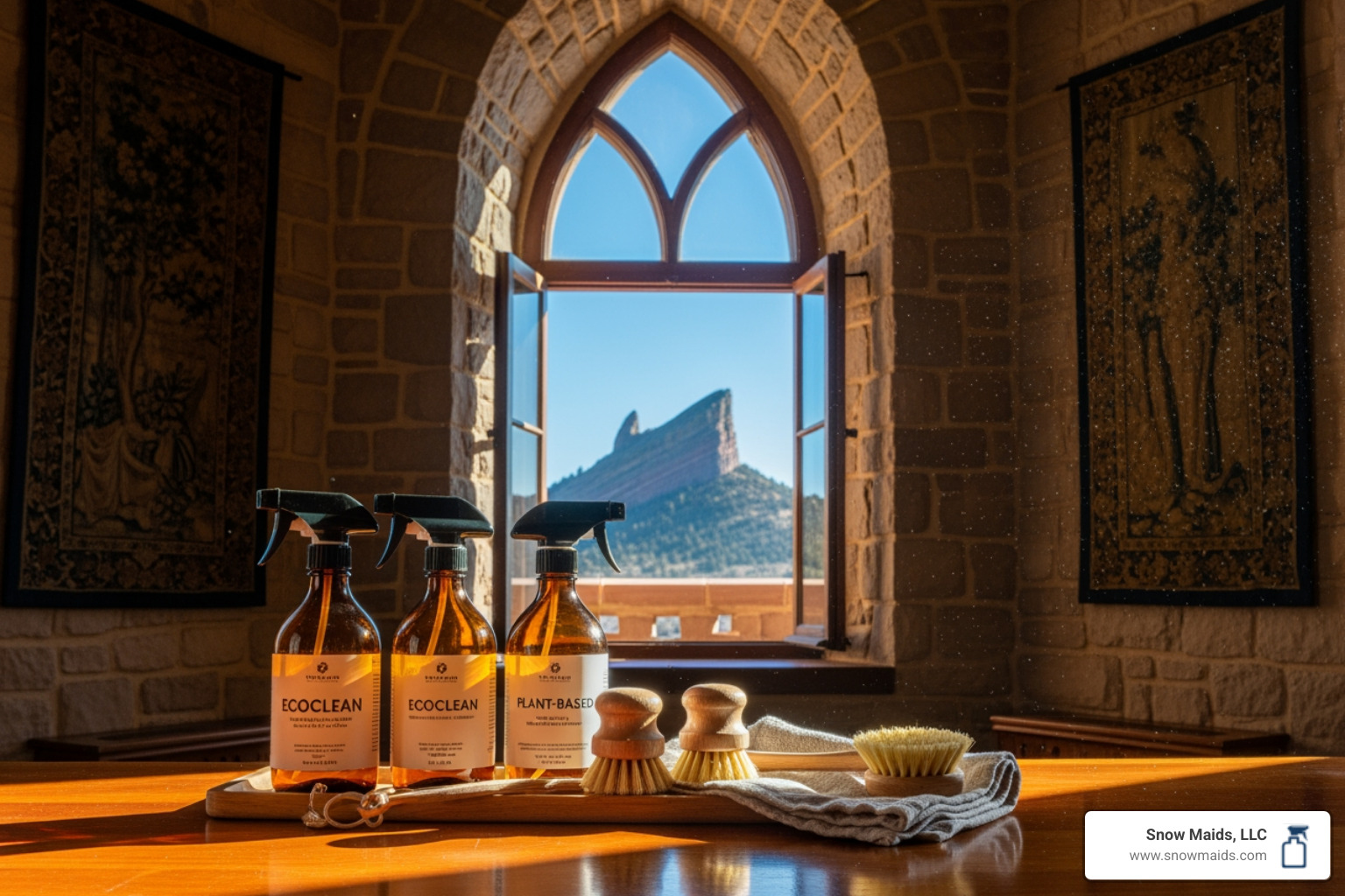 Infographic showing the benefits of eco-friendly cleaning: improved indoor air quality with reduced VOCs, safety for children and pets with non-toxic ingredients, effective cleaning with plant-based formulas and microfiber technology, environmental protection through biodegradable products, and healthier homes for Castle Rock families - eco friendly cleaning in castle rock, co