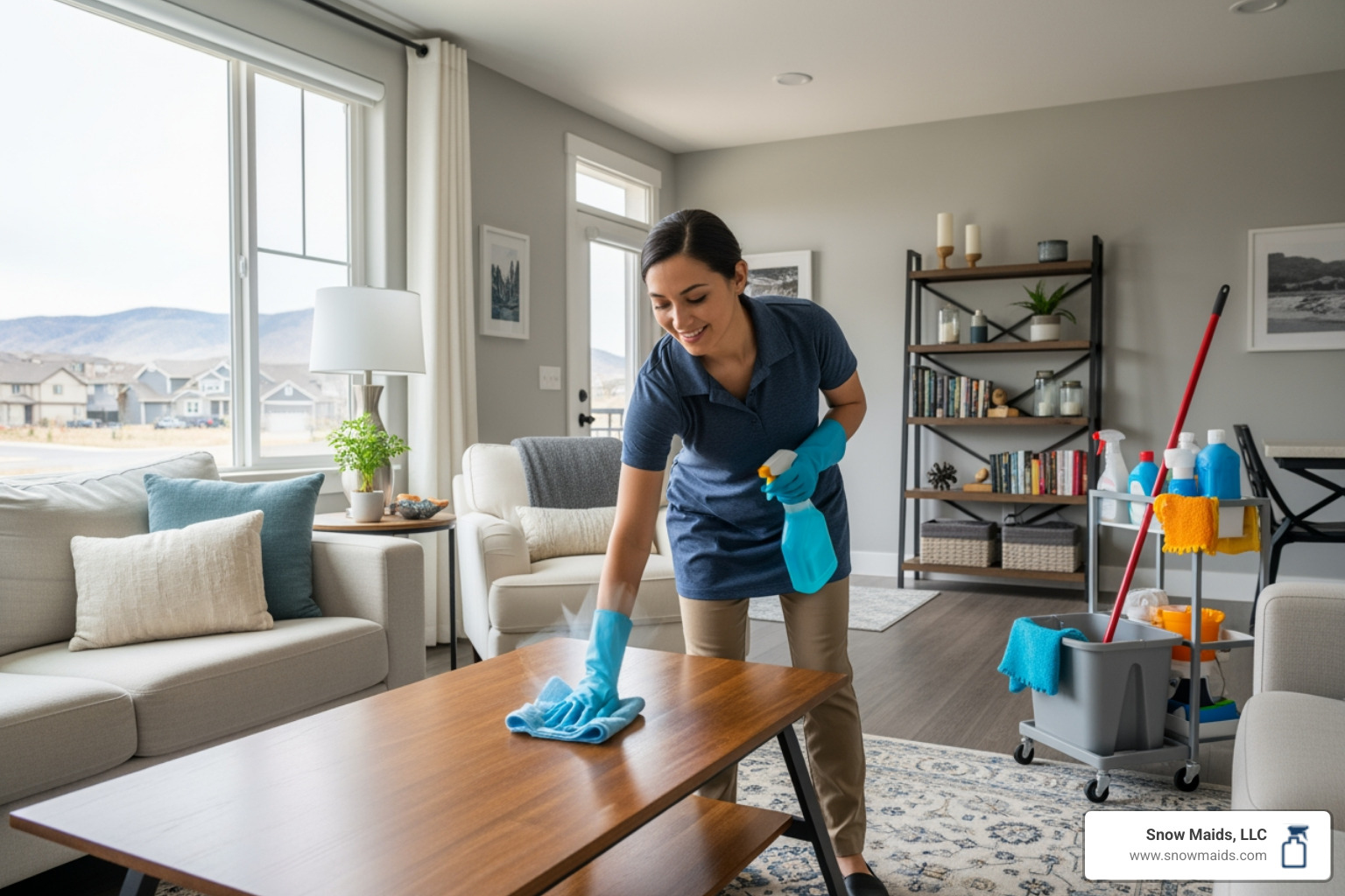 Infographic showing benefits of professional house cleaning: clock icon with "Save 4+ hours weekly", heart icon with "Reduce stress and improve mental health", leaf icon with "Better air quality and healthier home", calendar icon with "Consistent results with scheduled service", and family icon with "More time for what matters most" - affordable house maid service in lakewood, co