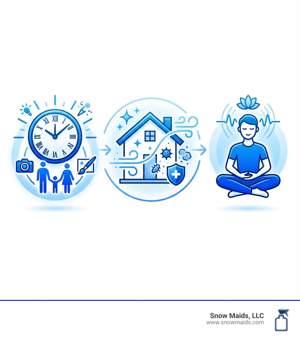 Infographic showing the top 3 benefits of hiring a maid service in Lakewood: a clock icon representing more free time for family and hobbies, a house with sparkles representing a healthier living space with reduced allergens, and a relaxed person icon representing reduced stress and peace of mind - house maid service in lakewood, co infographic 
