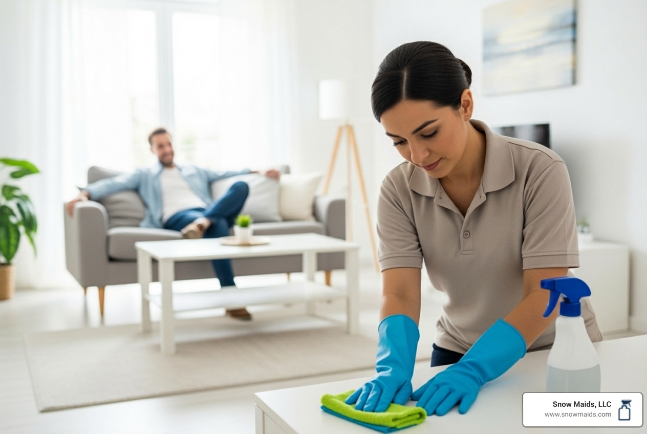 Infographic showing the simple 3-step process for same-day cleaning: Step 1 - Book Online in minutes with instant confirmation, Step 2 - We Clean your home the same day with professional equipment and supplies, Step 3 - You Relax and enjoy your spotless space without lifting a finger - same day house maid service in castle rock, co