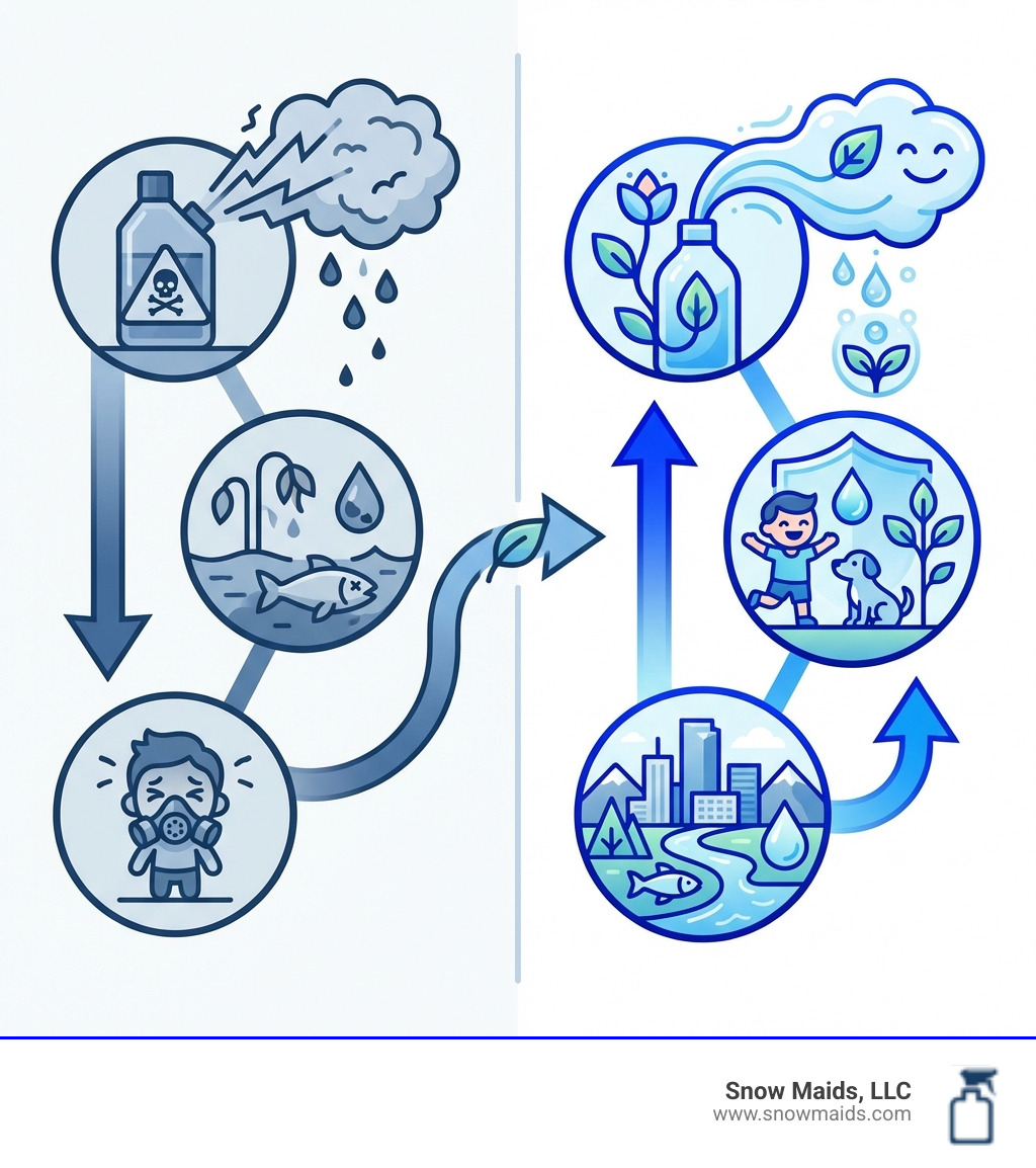 infographic comparing traditional cleaning products with harsh chemicals, fumes, and environmental harm versus eco-friendly alternatives featuring plant-based ingredients, biodegradable formulas, safer for children and pets, improved indoor air quality, and protection of Denver waterways - affordable eco friendly cleaning in denver, co infographic 