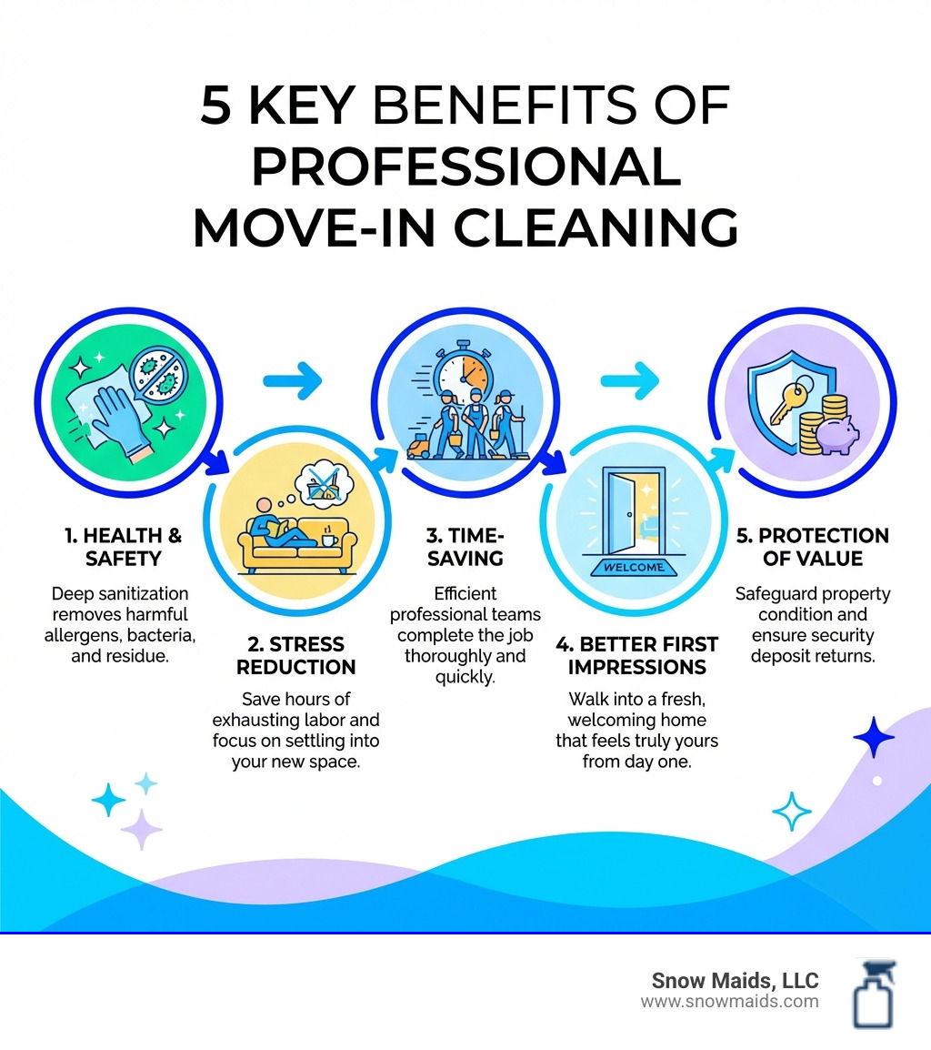 Infographic showing 5 key benefits of professional move-in cleaning: 1. Health and safety through deep sanitization, 2. Stress reduction by saving you hours of work, 3. Time-saving with efficient professional teams, 4. Better first impressions in your new home, 5. Protection of property value and security deposits - move-in cleaning in lakewood, co infographic 