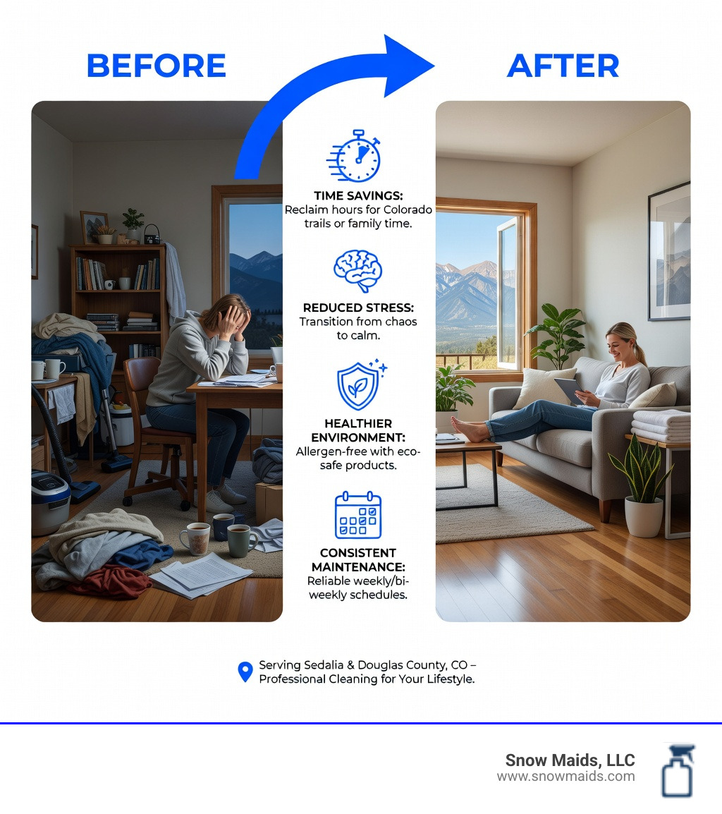 infographic showing benefits of professional cleaning services including time savings, reduced stress, healthier home environment, and consistent maintenance schedule - I want to hire a cleaning service to get my weekends back. Who serves the Sedalia, CO area? infographic 