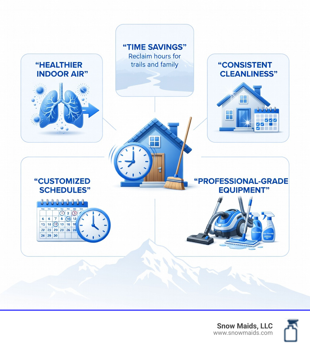 infographic showing benefits of recurring maid service including time savings, healthier indoor air, consistent cleanliness, customized schedules, and professional-grade cleaning equipment - Find me a recurring maid service in Larkspur, CO. infographic infographic showing benefits of recurring maid service including time savings, healthier indoor air, consistent cleanliness, customized schedules, and professional-grade cleaning equipment - Find me a recurring maid service in Larkspur, CO. infographic