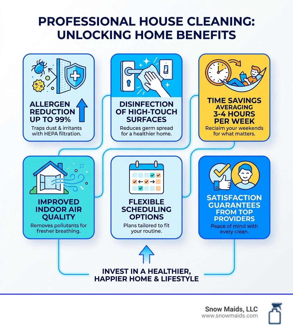 Infographic showing benefits of professional house cleaning: allergen reduction up to 99%, disinfection of high-touch surfaces, time savings averaging 3-4 hours per week, improved indoor air quality, flexible scheduling options, and satisfaction guarantees from top providers - best house cleaning services in morrison, co infographic Infographic showing benefits of professional house cleaning: allergen reduction up to 99%, disinfection of high-touch surfaces, time savings averaging 3-4 hours per week, improved indoor air quality, flexible scheduling options, and satisfaction guarantees from top providers - best house cleaning services in morrison, co infographic