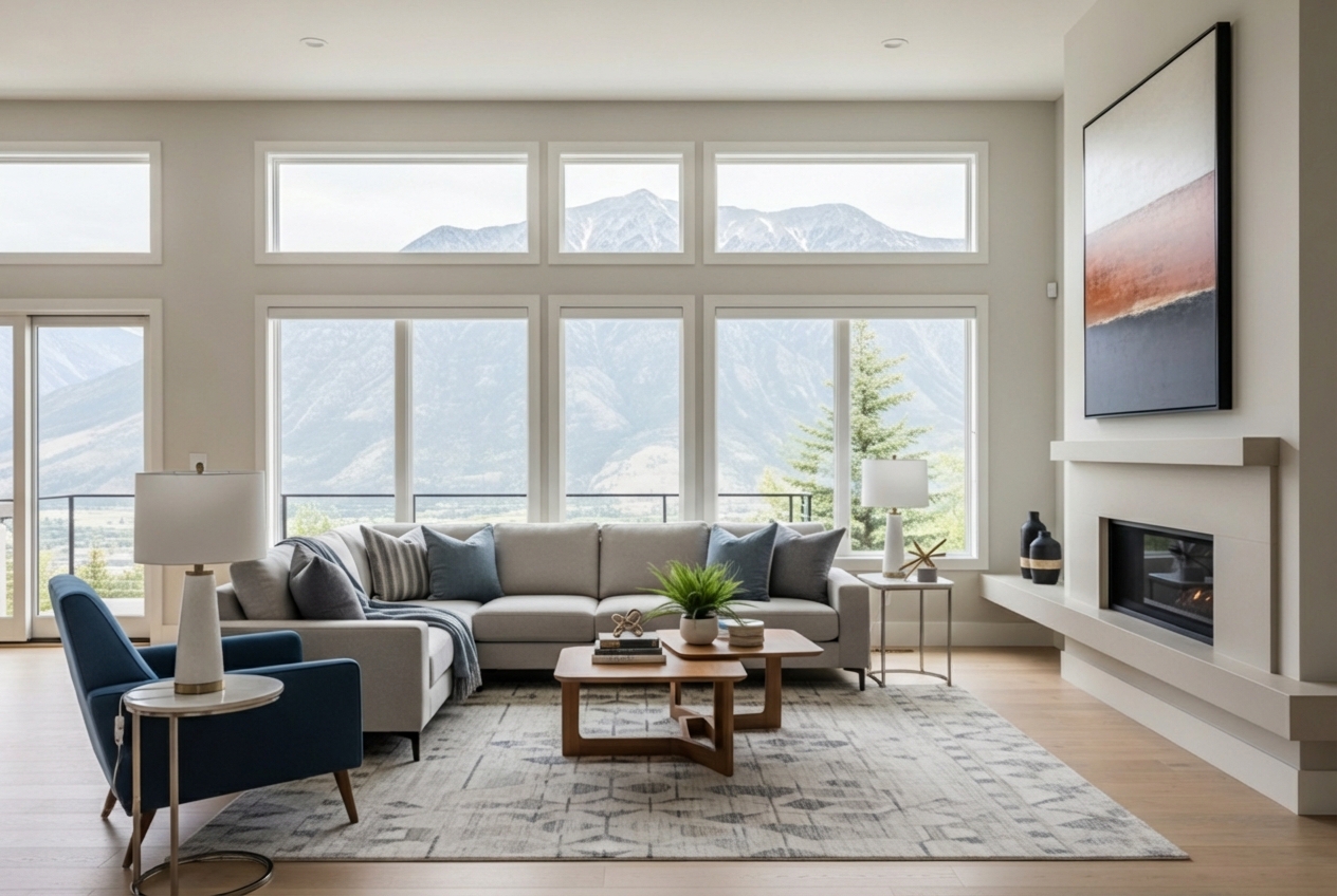 modern clean living room with mountain views - house cleaning services in morrison, co