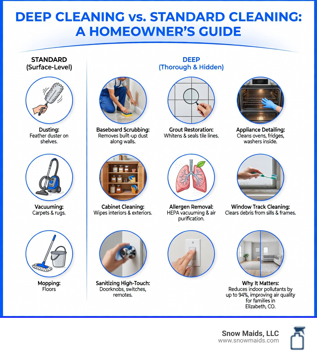 Infographic showing a deep cleaning checklist including baseboard scrubbing, grout restoration, appliance interior detailing, cabinet cleaning, allergen removal, window track cleaning, and sanitizing high-touch surfaces compared to standard cleaning tasks like dusting and vacuuming - Best deep cleaning services for a house in Elizabeth, CO. infographic