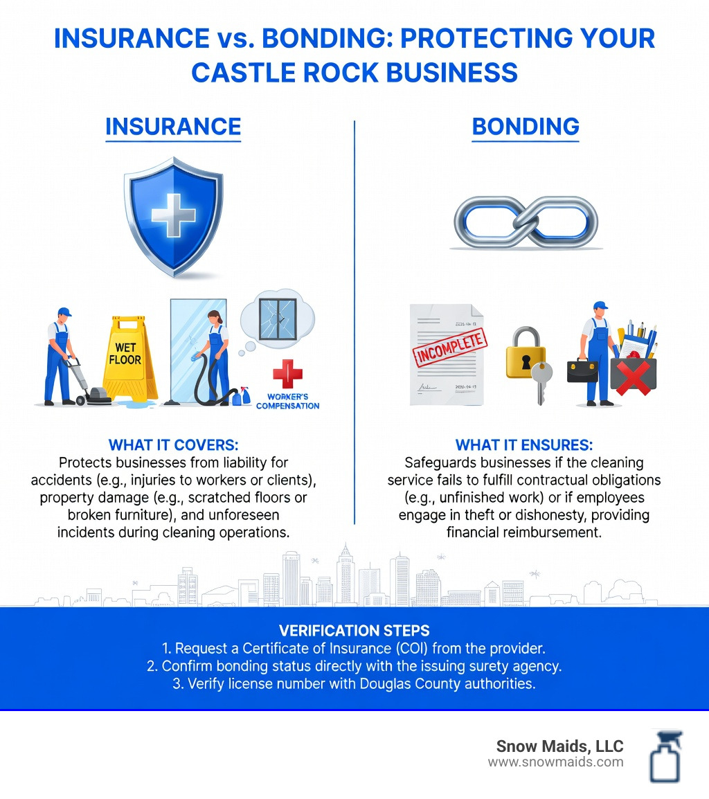 Infographic showing the difference between insurance and bonding for commercial cleaning services: Insurance protects you from accidents and damages during cleaning, while bonding protects you if the cleaner fails to complete the work or commits theft - Find commercial cleaners that are insured and bonded in Castle Rock. infographic Infographic showing the difference between insurance and bonding for commercial cleaning services: Insurance protects you from accidents and damages during cleaning, while bonding protects you if the cleaner fails to complete the work or commits theft - Find commercial cleaners that are insured and bonded in Castle Rock. infographic