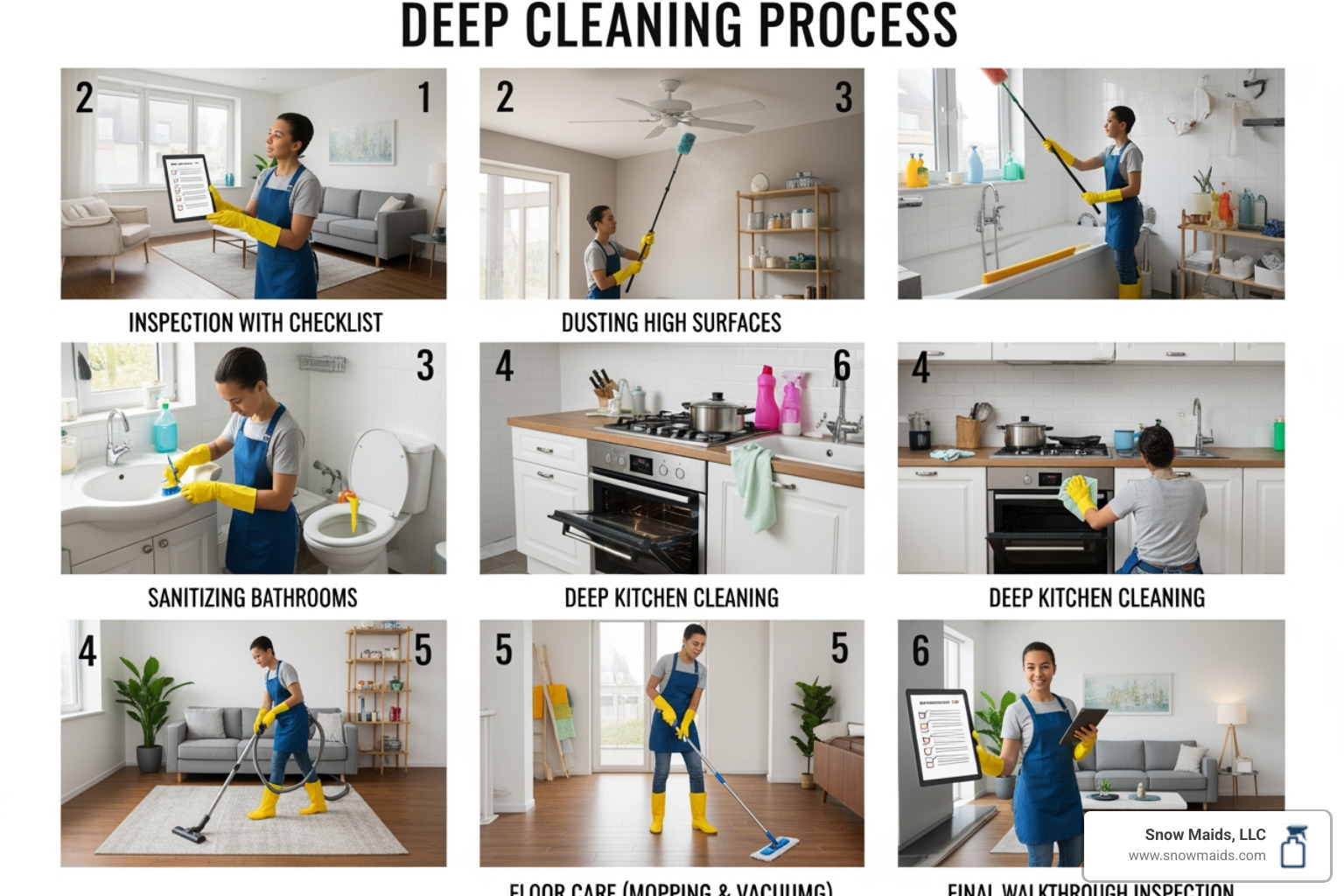 Infographic showing step-by-step deep cleaning process including inspection, dusting high surfaces, sanitizing bathrooms, deep kitchen cleaning, floor care, and final walkthrough - I'm looking for a deep cleaning service for my apartment in Centennial. Infographic showing step-by-step deep cleaning process including inspection, dusting high surfaces, sanitizing bathrooms, deep kitchen cleaning, floor care, and final walkthrough - I'm looking for a deep cleaning service for my apartment in Centennial.