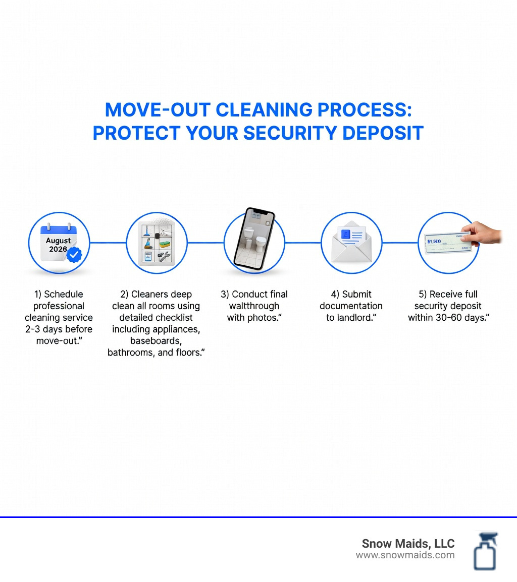 Infographic showing the move-out cleaning process: 1) Schedule professional cleaning service 2-3 days before move-out, 2) Cleaners deep clean all rooms using detailed checklist including appliances, baseboards, bathrooms, and floors, 3) Conduct final walkthrough with photos, 4) Submit documentation to landlord, 5) Receive full security deposit within 30-60 days - Can you recommend a cleaning company that can help me get my security deposit back in Denver? infographic 