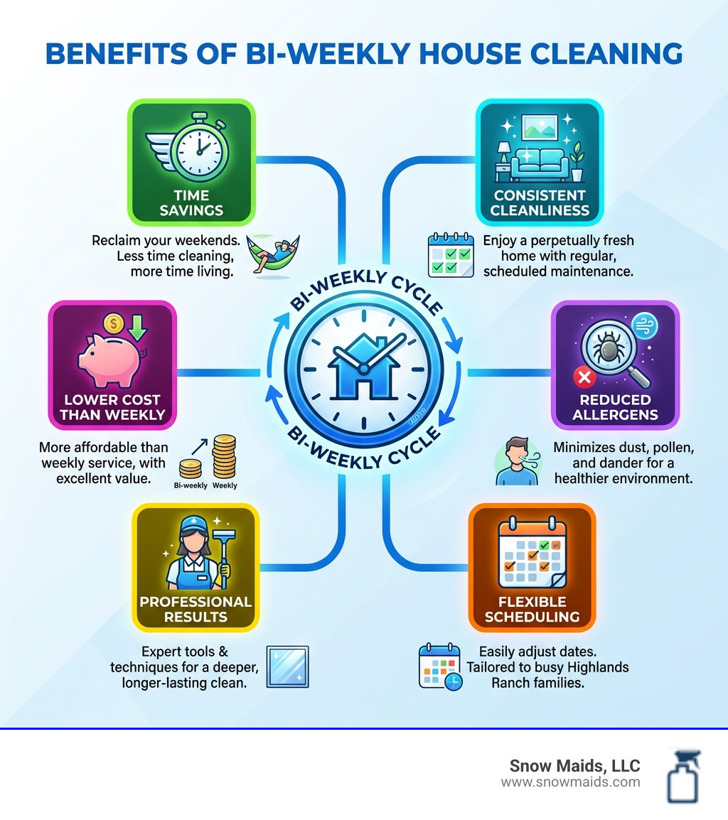 Infographic showing benefits of bi-weekly house cleaning including time savings, consistent cleanliness, reduced allergens, flexible scheduling, professional results, and lower cost than weekly service - What are the best services for bi weekly house cleaning in Highlands Ranch? infographic 