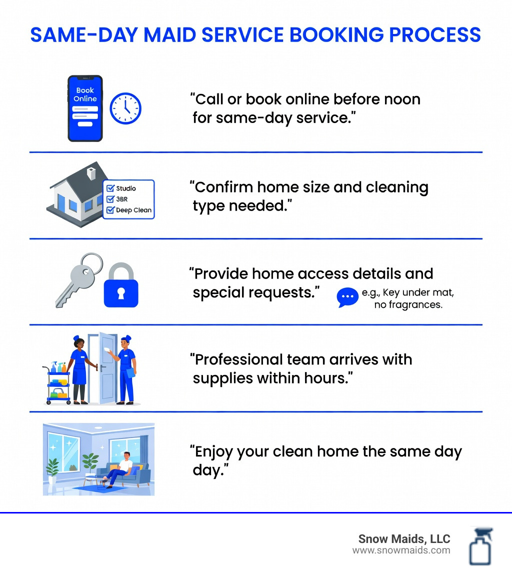 Infographic showing the same-day maid service booking process in Englewood CO: Step 1 - Call or book online before noon for same-day service, Step 2 - Confirm home size and cleaning type needed, Step 3 - Provide home access details and special requests, Step 4 - Professional team arrives with supplies within hours, Step 5 - Enjoy your clean home the same day - same day house maid service in englewood, co infographic 