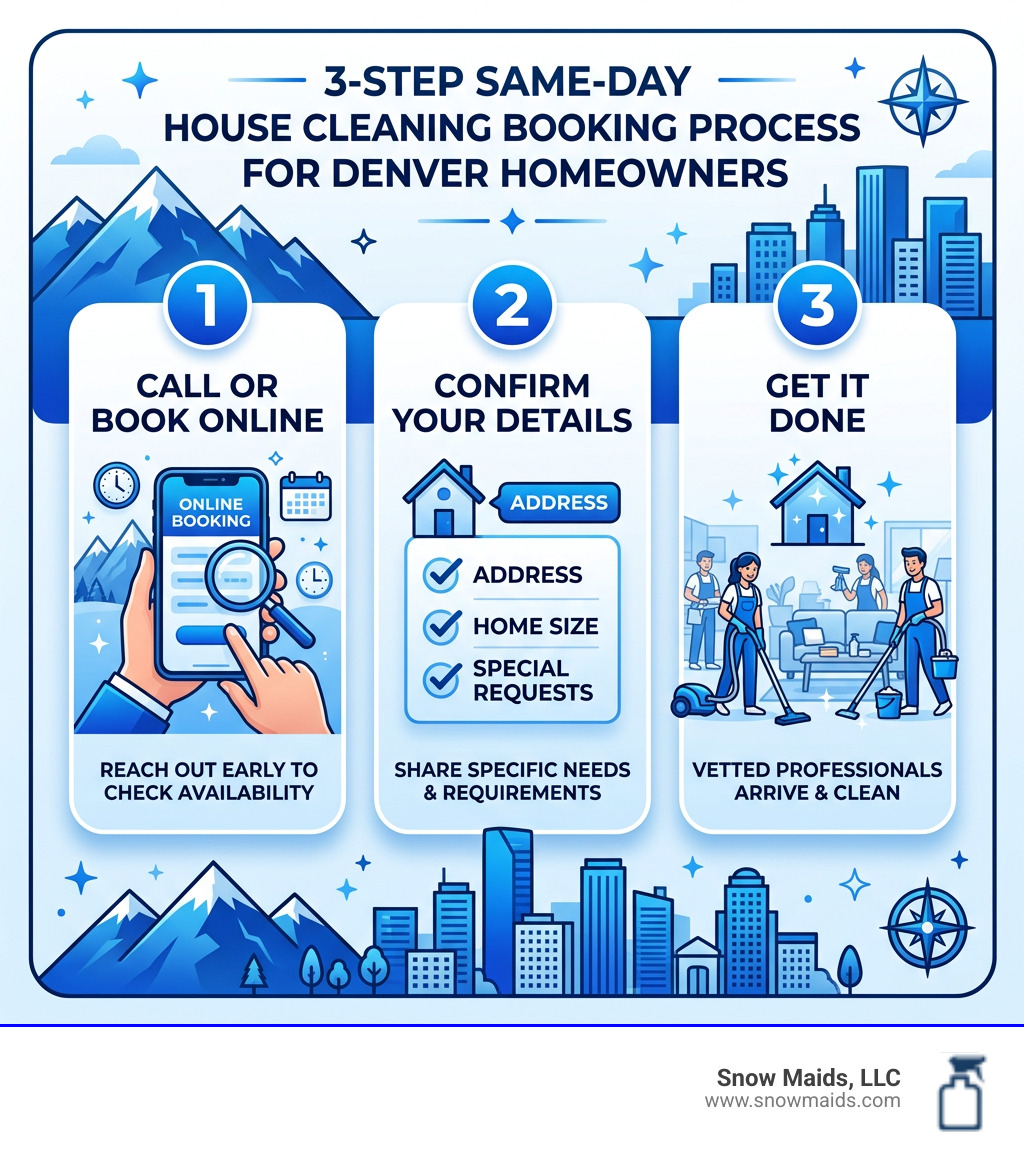 3-step same-day house cleaning booking process infographic for Denver, CO homeowners - same day house maid service in 3-step same-day house cleaning booking process infographic for Denver, CO homeowners - same day house maid service in