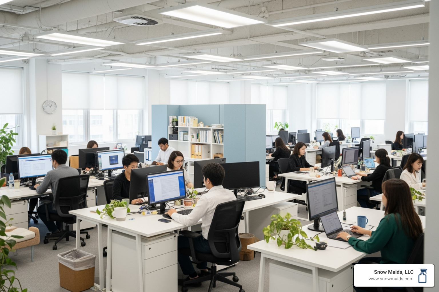 infographic showing the connection between office cleanliness and workplace productivity, featuring statistics on reduced sick days, improved employee focus, better client impressions, and enhanced indoor air quality