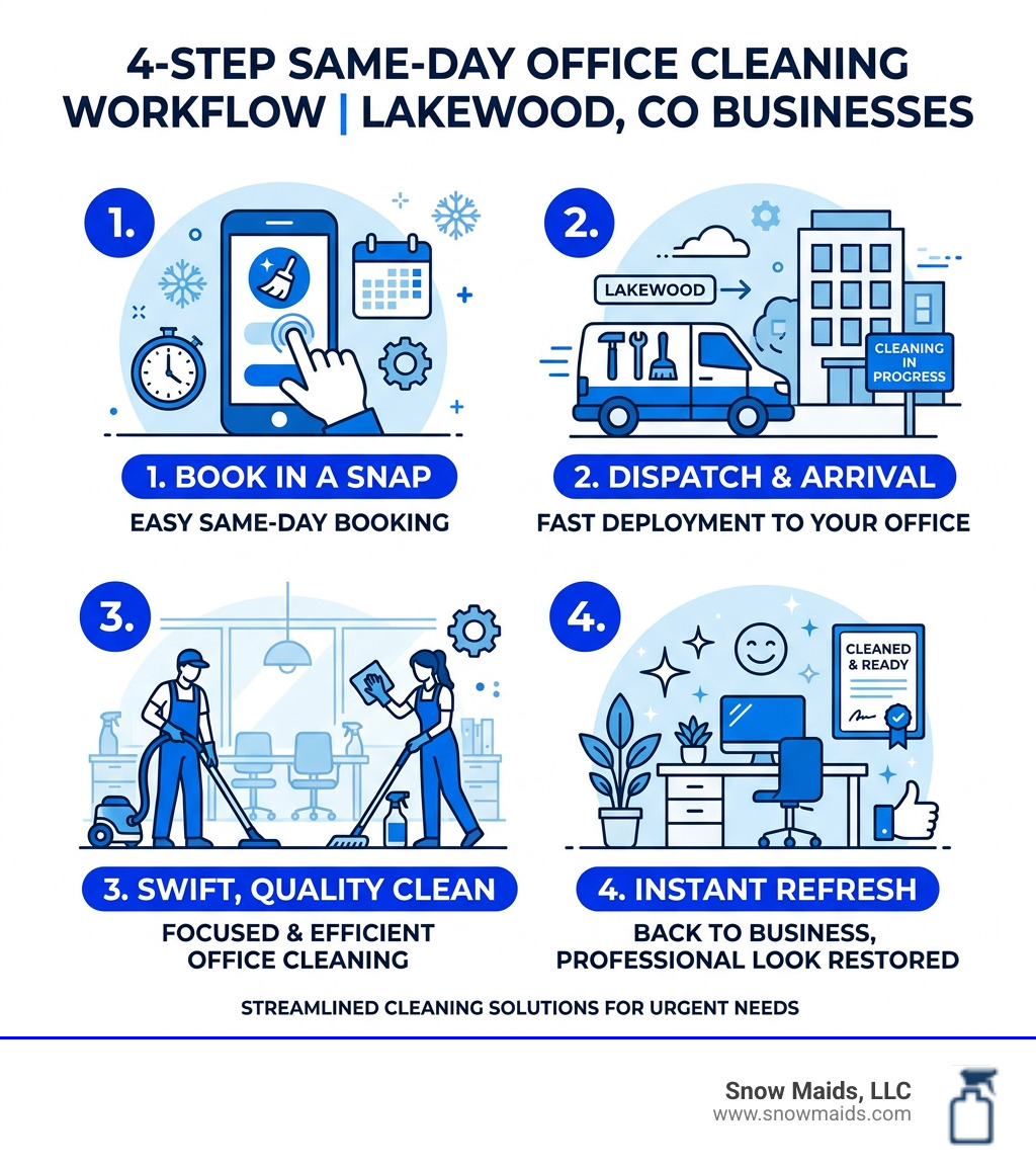 4-step same-day office cleaning workflow infographic for Lakewood CO businesses - same day office cleaning in lakewood, co