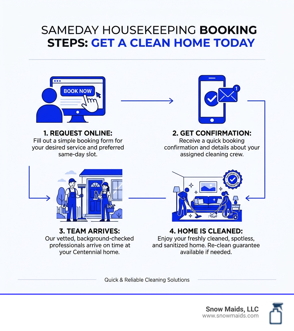Infographic showing same-day booking steps: request online, get confirmation, team arrives, home is cleaned - same day