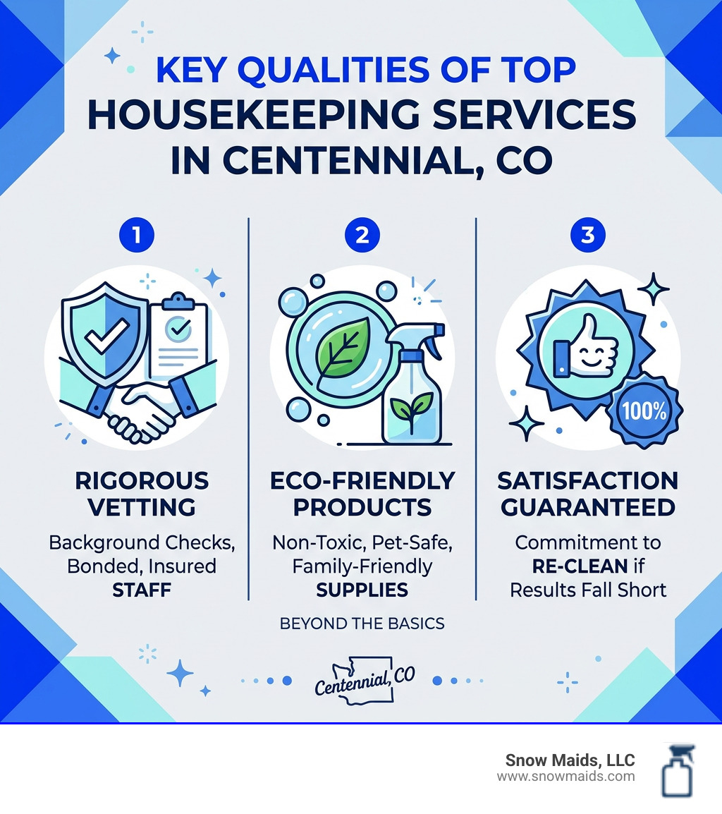 Infographic showing key qualities of top housekeeping services in Centennial CO including vetting, eco-friendly products