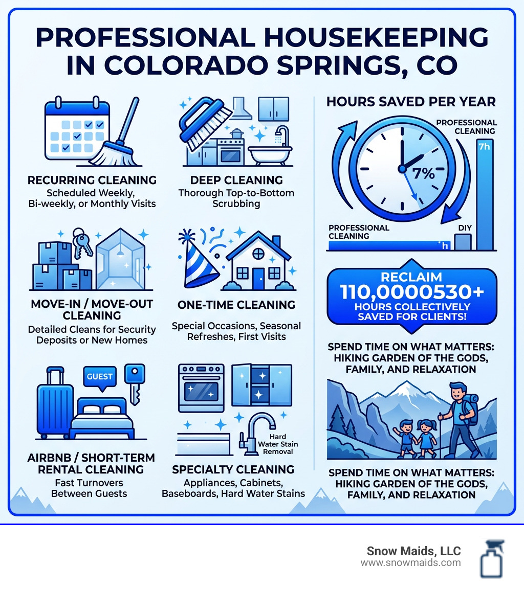 Infographic showing types of housekeeping services in Colorado Springs and hours saved per year by hiring professionals Infographic showing types of housekeeping services in Colorado Springs and hours saved per year by hiring professionals