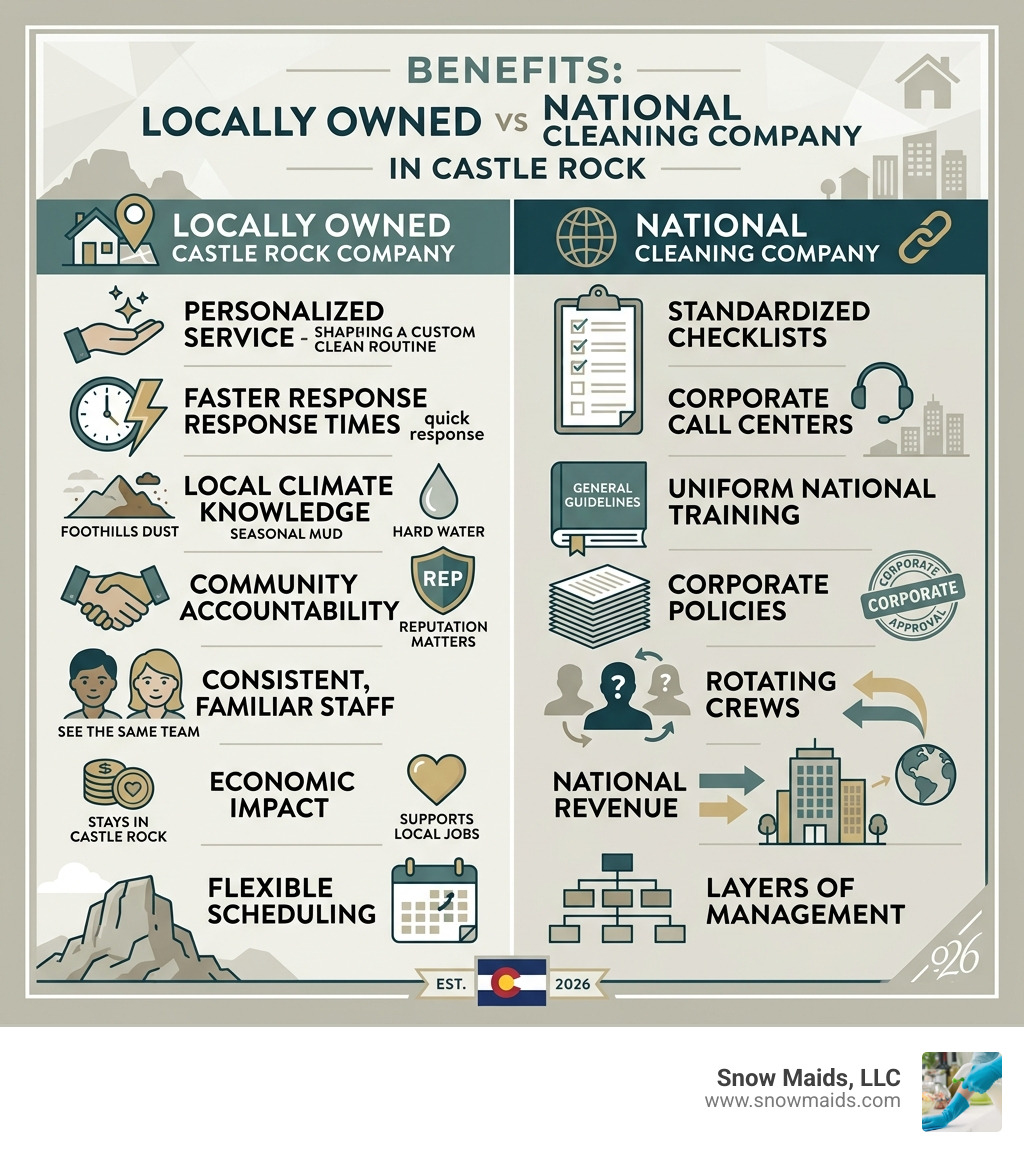 Benefits of locally owned vs national cleaning company in Castle Rock infographic - advantages of a locally owned castle Benefits of locally owned vs national cleaning company in Castle Rock infographic - advantages of a locally owned castle