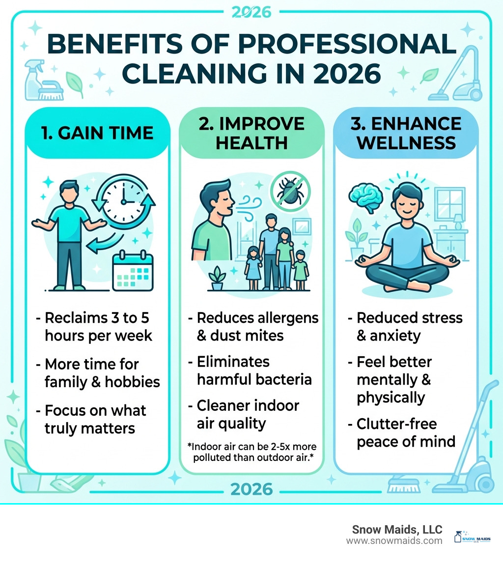Infographic showing time savings, health benefits, and mental wellness gains from professional cleaning in 2026 - benefits Infographic showing time savings, health benefits, and mental wellness gains from professional cleaning in 2026 - benefits