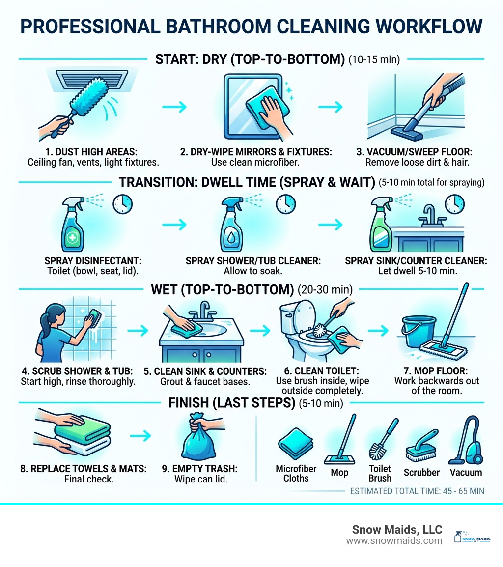 Professional bathroom cleaning workflow infographic showing top-to-bottom dry-to-wet steps with time estimates - bathroom Professional bathroom cleaning workflow infographic showing top-to-bottom dry-to-wet steps with time estimates - bathroom