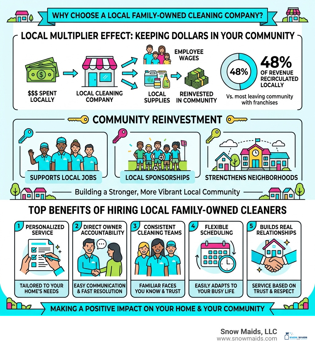 Infographic showing local multiplier effect, community reinvestment stats, and top benefits of hiring local family-owned Infographic showing local multiplier effect, community reinvestment stats, and top benefits of hiring local family-owned