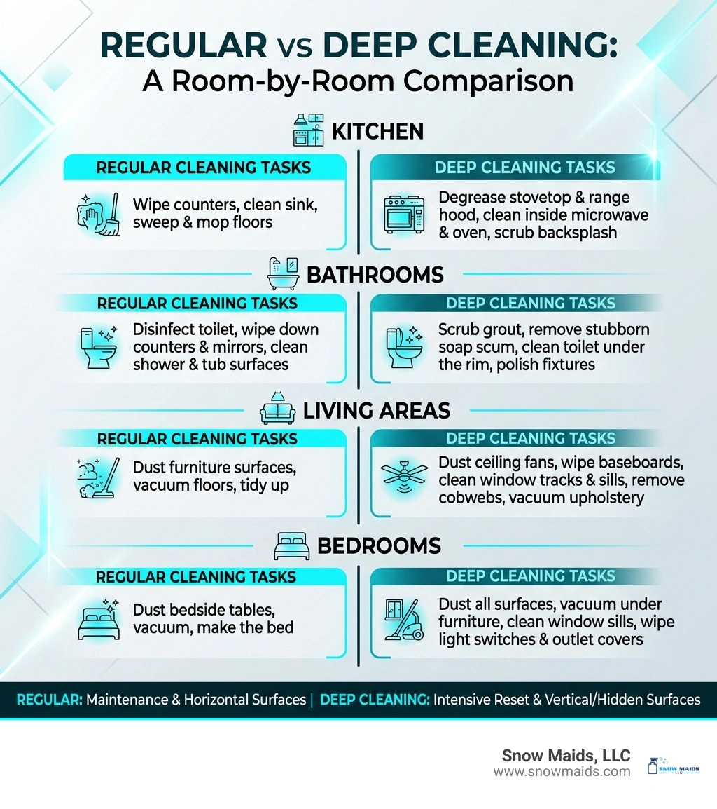 infographic comparing regular cleaning tasks vs deep cleaning tasks room by room - what is included in a deep cleaning infographic comparing regular cleaning tasks vs deep cleaning tasks room by room - what is included in a deep cleaning