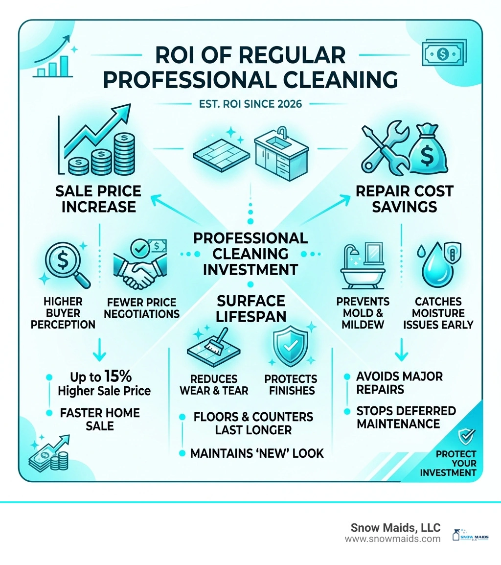 Infographic showing ROI of regular professional cleaning on home value including sale price increase surface lifespan and