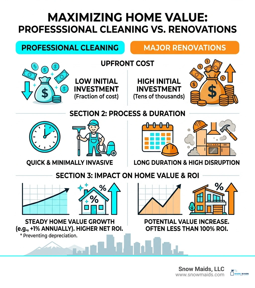 Infographic comparing the low cost of professional cleaning vs high cost of renovations with their respective impacts on