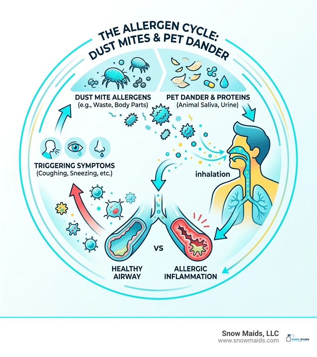 Infographic showing the cycle of dust mite and pet dander allergens entering airways and triggering inflammation - how dust Infographic showing the cycle of dust mite and pet dander allergens entering airways and triggering inflammation - how dust