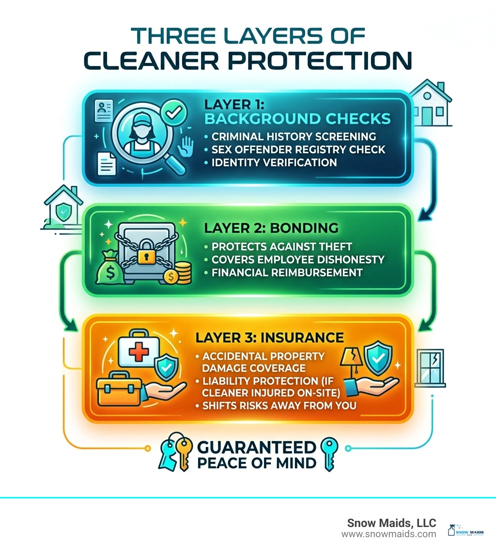 Infographic showing three layers of cleaner protection: background checks, bonding, and insurance with what each covers