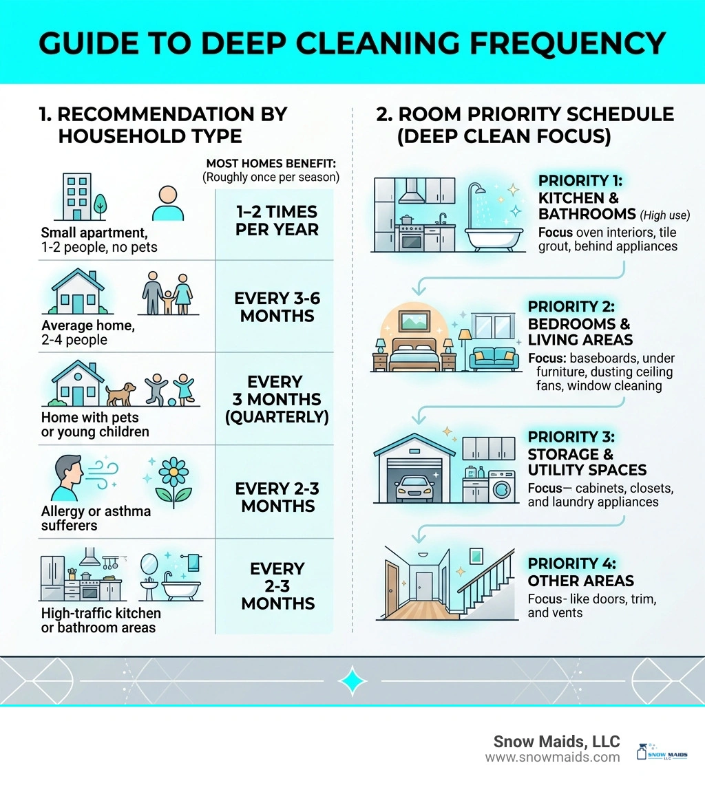 Infographic showing deep cleaning frequency by household type and room priority schedule - how often should you schedule a