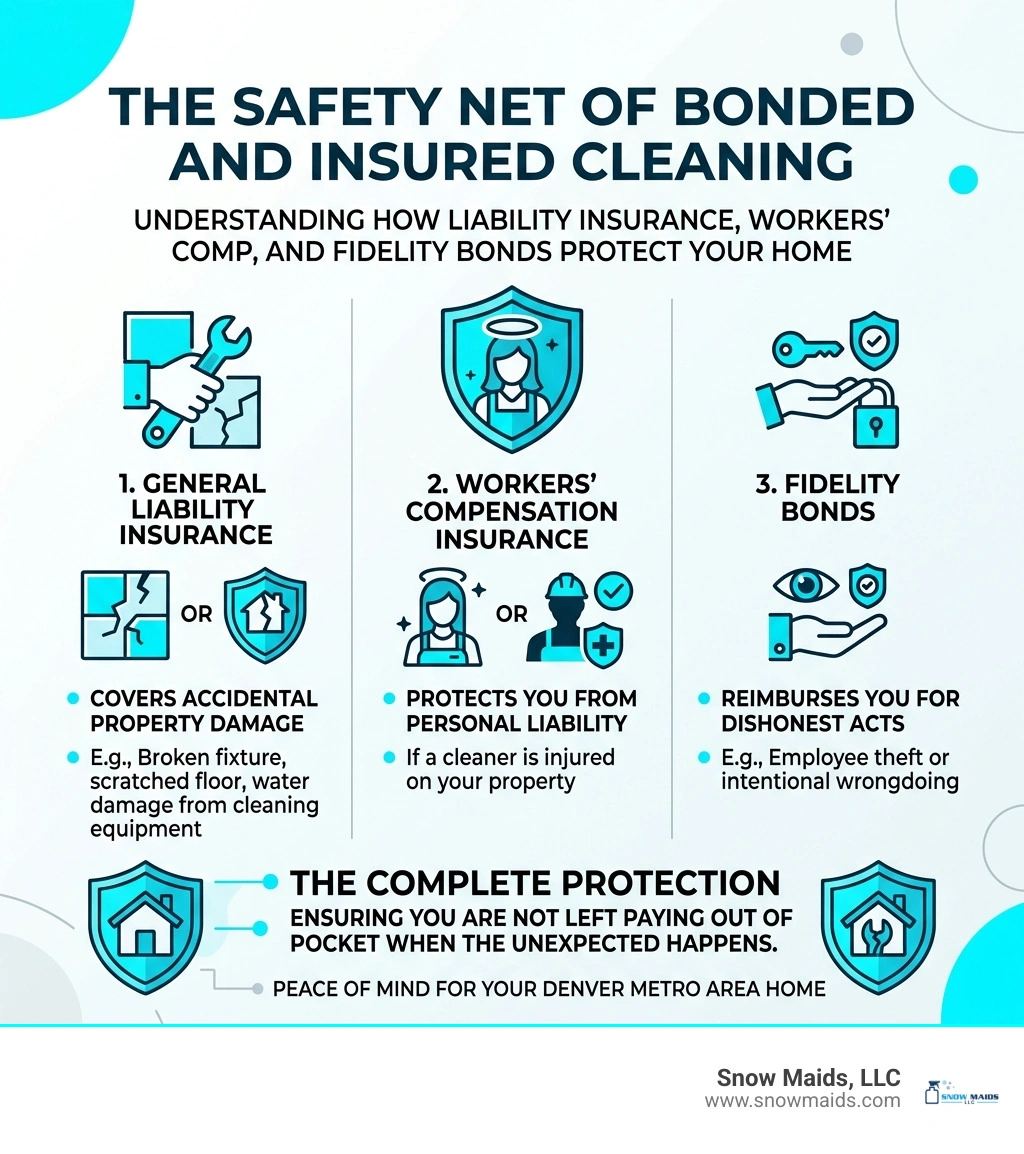 Infographic: The Safety Net of Bonded and Insured Cleaning - liability insurance, workers comp, and fidelity bonds explained