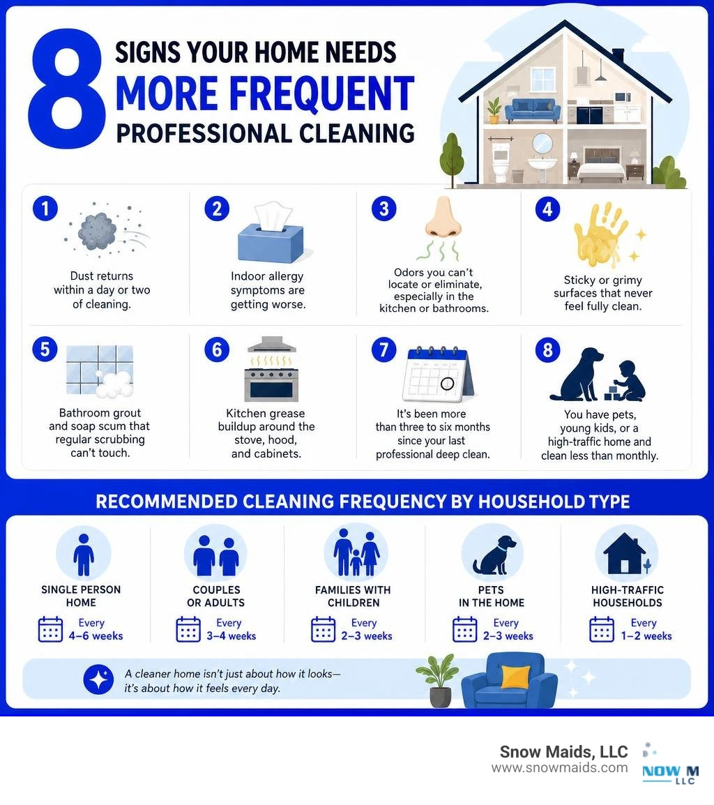 Infographic showing 8 signs your home needs more frequent professional cleaning and recommended frequency by household type