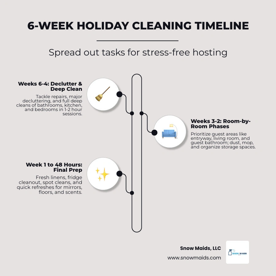 6-week holiday cleaning countdown timeline infographic with weekly tasks and room priorities infographic 6-week holiday cleaning countdown timeline infographic with weekly tasks and room priorities infographic