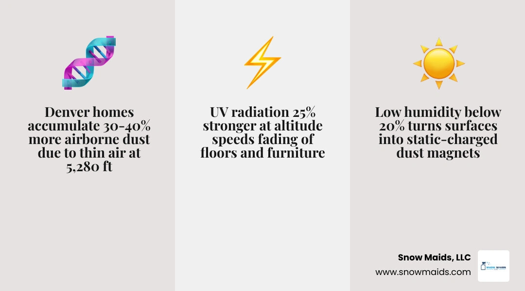 Infographic showing how Colorado altitude and dry air affect home dust, UV damage, humidity, and static electricity Infographic showing how Colorado altitude and dry air affect home dust, UV damage, humidity, and static electricity