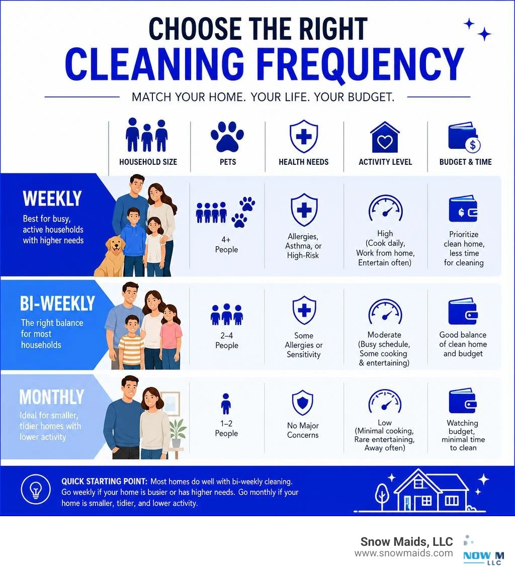 Infographic showing tiered cleaning frequency guide based on household size, pets, health needs, activity level, and budget